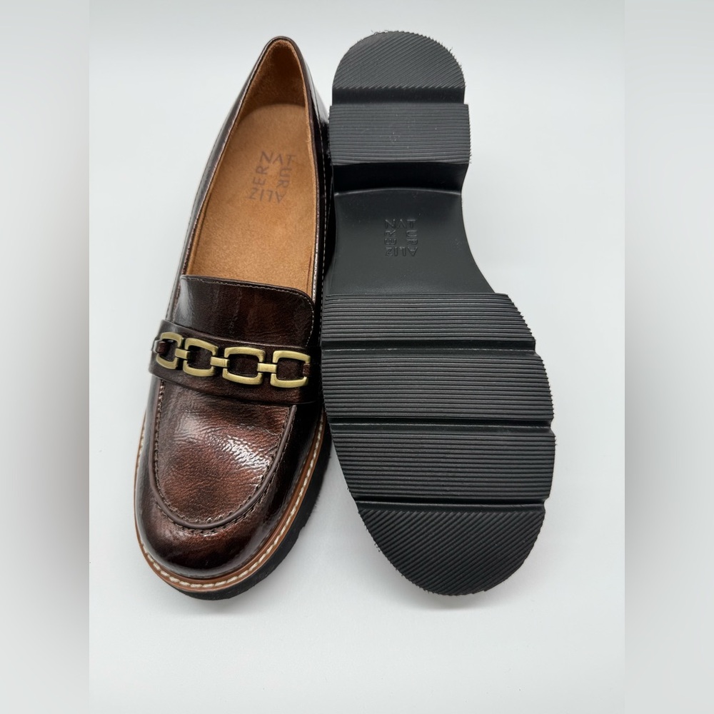 Naturalizer Women's Shiny Brown Loafers with Gold Accent and chunky heel - Picture 8 of 9